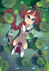 Size: 1300x1900 | Tagged: safe, alternate version, artist:nazori, derpibooru import, oc, unofficial characters only, fish, pony, unicorn, alternate character, commission, featureless crotch, horn, image, lilypad, lying down, on back, outdoors, png, pond, reed, solo, unicorn oc, water, ych result