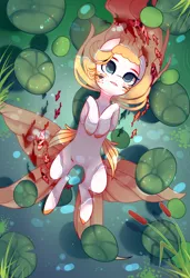 Size: 1300x1900 | Tagged: safe, alternate version, artist:nazori, derpibooru import, oc, unofficial characters only, fish, pony, alternate character, butt wings, butterfly wings, commission, featureless crotch, image, lilypad, lying down, on back, outdoors, png, pond, reed, solo, water, wings, ych result