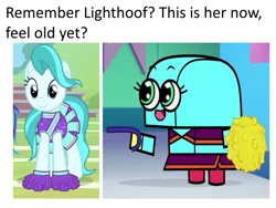 Size: 1000x750 | Tagged: safe, derpibooru import, edit, edited screencap, screencap, lighthoof, cane, caption, cheerleader, cheerleader outfit, clothes, feel old yet?, image, image macro, meme, png, pom pom, really old edith, text, unikitty! (tv series), walking stick
