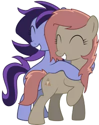 Size: 1092x1388 | Tagged: safe, artist:pootanger_sfm, derpibooru import, oc, oc:atari, oc:raven storm, unofficial characters only, earth pony, derpibooru community collaboration, 2022 community collab, earth pony oc, eyes closed, feral, hug, hug from behind, image, png, show accurate