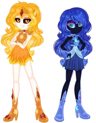 Size: 1280x1640 | Tagged: safe, artist:fantarianna, derpibooru import, daybreaker, nightmare moon, equestria girls, bedroom eyes, black sclera, boots, clothes, duo, equestria girls-ified, ethereal mane, eyelashes, female, frown, grin, high heel boots, image, png, shoes, siblings, simple background, sisters, skirt, smiling, starry mane, transparent background