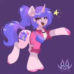 Size: 2048x2048 | Tagged: safe, artist:skyboundsiren, derpibooru import, oc, unofficial characters only, unicorn, clothes, colored hooves, fanny pack, horn, image, jacket, jpeg, smiling, solo, stars, unicorn oc