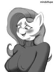 Size: 2024x2699 | Tagged: suggestive, artist:mindoflupe, derpibooru import, fluttershy, blushing, clothes, erect nipples, image, looking down, nipple outline, png, sweater