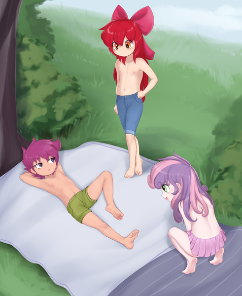 Size: 1689x2064 | Tagged: questionable, artist:pestil, banned from derpibooru, apple bloom, scootaloo, sweetie belle, human, breasts, casual nudity, clothes, cutie mark crusaders, delicious flat chest, female, humanized, image, lolicon, nudity, outdoors, partial nudity, png, small breasts, topless, underage