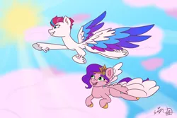 Size: 3600x2400 | Tagged: safe, artist:erynerikard, derpibooru import, pipp petals, zipp storm, pegasus, pony, my little pony: a new generation, cloud, digital art, feathered fetlocks, female, flying, g5, image, png, sky, sun