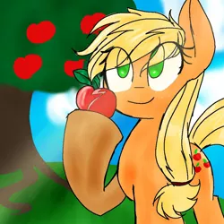 Size: 920x920 | Tagged: safe, artist:midnight-wisp-pone, derpibooru import, applejack, earth pony, pony, 2015, apple, apple tree, cute, female, food, image, jackabetes, jpeg, tree