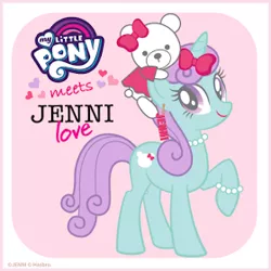 Size: 280x280 | Tagged: safe, derpibooru import, oc, oc:jenni, unofficial characters only, pony, unicorn, bow, bracelet, collaboration, g4, green coat, hair bow, image, jenni love, jewelry, logo, necklace, pearl necklace, plushie, png, purple eyes, purple hair, solo, teddy bear