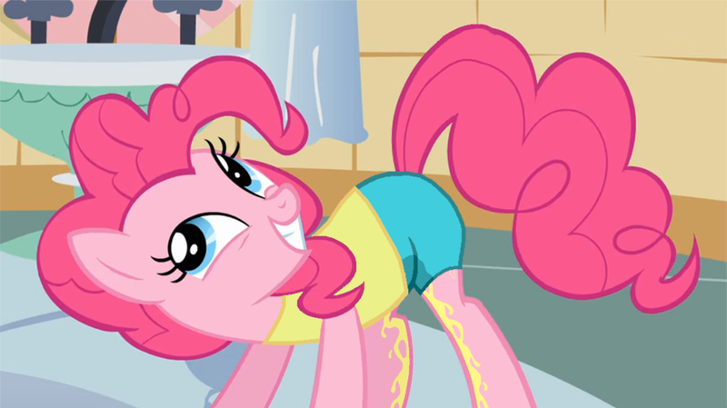 Size: 885x497 | Tagged: questionable, artist:thedarkpony, derpibooru import, edit, edited screencap, screencap, pinkie pie, pony, feeling pinkie keen, clothes, compression shorts, cropped, desperation, female, fetish, image, mare, need to pee, omorashi, pee edit, peeing in shorts, pissing, pissing on self, png, potty emergency, potty time, shorts, smiling, urine, watersports, wetting