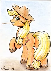 Size: 1490x2062 | Tagged: safe, artist:dandy, derpibooru import, applejack, earth pony, pony, applebutt, butt, colored pencil drawing, cowboy hat, eyebrows, eyebrows visible through hair, female, grin, hair tie, hat, image, looking at you, looking back, looking back at you, mare, muddy hooves, plot, png, ponytail, raised hoof, smiling, smiling at you, solo, straw in mouth, traditional art