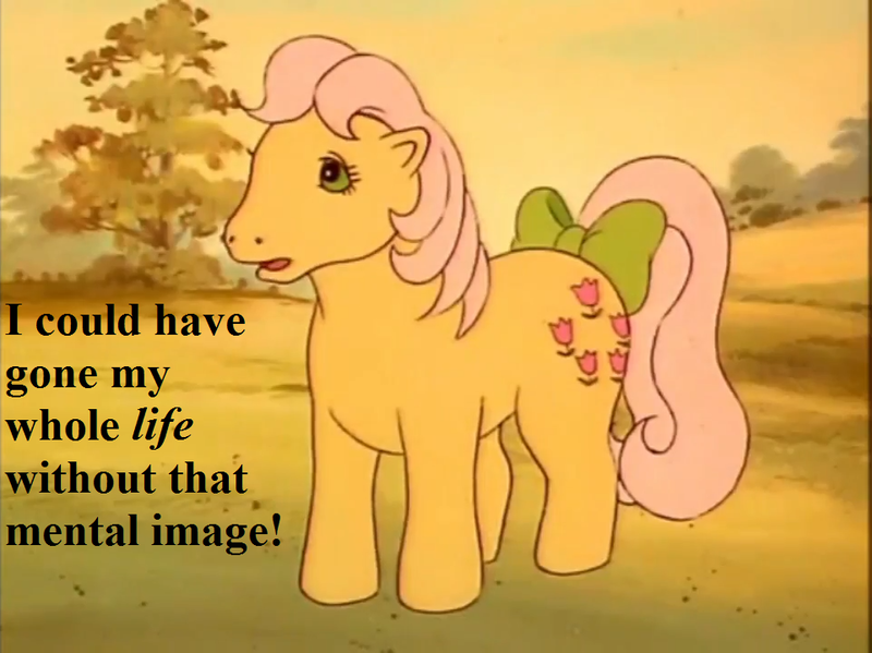 Size: 961x720 | Tagged: safe, derpibooru import, edit, edited screencap, screencap, posey, my little pony 'n friends, the magic coins, bow, g1, image, png, reaction image, speech, tail, tail bow, talking, text, too much information, tree