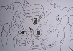 Size: 3180x2248 | Tagged: safe, artist:muhammad yunus, derpibooru import, oc, oc:annisa trihapsari, unofficial characters only, earth pony, pony, balloon, birthday, birthday cake, cake, female, food, hat, heart, image, indonesia, jpeg, looking at you, mare, one eye closed, open mouth, party hat, solo