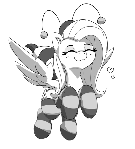 Size: 3099x3418 | Tagged: safe, artist:pabbley, derpibooru import, fluttershy, pegasus, pony, animal costume, bee costume, black and white, clothes, costume, cute, eyes closed, female, floating heart, flutterbee, flying, grayscale, heart, high res, image, mare, monochrome, png, shyabetes, simple background, smiling, socks, solo, spread wings, striped socks, white background, wings