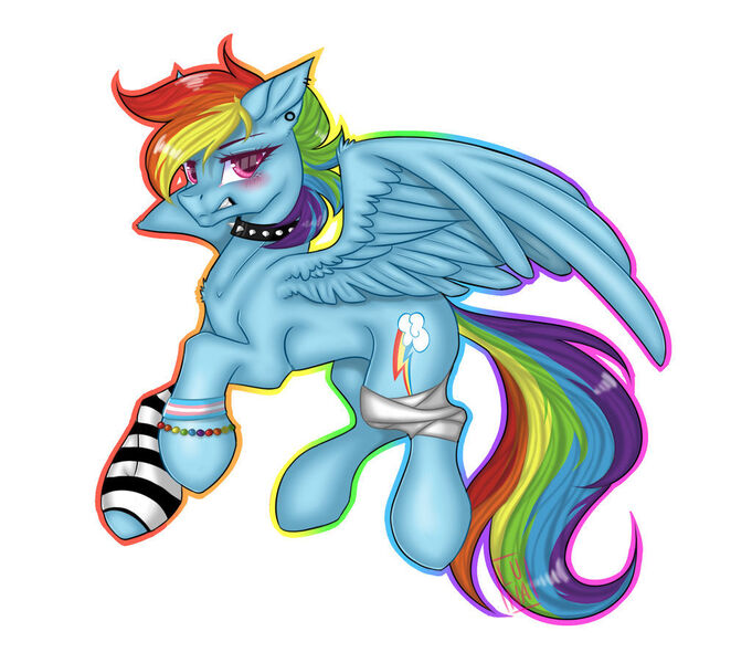 Size: 1024x902 | Tagged: safe, artist:dreamy-kitty, derpibooru import, rainbow dash, pegasus, pony, bandage, bracelet, choker, ear piercing, earring, image, jewelry, jpeg, outline, piercing, pride, pride flag, simple background, solo, spiked choker, transgender pride flag, white background