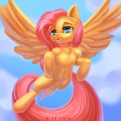 Size: 2000x2000 | Tagged: safe, artist:falses, derpibooru import, fluttershy, pegasus, pony, semi-anthro, adorasexy, cloud, cute, digital art, eyes open, fangs, female, high res, image, legs, mare, png, sexy, shading, simple background, sky, solo, spread wings, thighs, wings