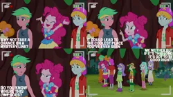 Size: 1280x720 | Tagged: safe, derpibooru import, edit, edited screencap, editor:quoterific, screencap, pinkie pie, scribble dee, equestria girls, equestria girls series, five lines you need to stand in, spoiler:eqg series (season 2), camera shot, clothes, cutie mark, cutie mark on clothes, eyes closed, female, geode of sugar bombs, image, jpeg, magical geodes, male, music festival outfit, open mouth, open smile, smiling