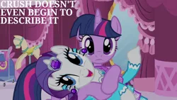 Size: 1280x720 | Tagged: safe, derpibooru import, edit, edited screencap, editor:quoterific, screencap, rarity, twilight sparkle, twilight sparkle (alicorn), alicorn, pony, unicorn, season 4, simple ways, carousel boutique, clothes, cute, dress, female, image, jpeg, mannequin, mare, open mouth, open smile, raribetes, smiling