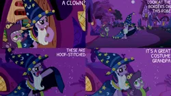 Size: 1280x720 | Tagged: safe, derpibooru import, edit, edited screencap, editor:quoterific, screencap, granny smith, pinkie pie, spike, twilight sparkle, dragon, earth pony, pony, unicorn, luna eclipsed, season 2, female, image, jpeg, male, mare, night, open mouth, smiling, star swirl the bearded costume, unicorn twilight