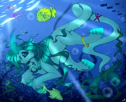 Size: 1280x1040 | Tagged: safe, artist:chura chu, artist:churachu1, derpibooru import, edit, oc, unofficial characters only, fish, hybrid, merpony, octopus, pony, puffer fish, sea pony, starfish, unicorn, bubble, chest fluff, crepuscular rays, cute, fish tail, flowing mane, flowing tail, green eyes, green mane, horn, image, jpeg, not porn, ocean, seaweed, sfw edit, smiling, solo, sunlight, swimming, tail, underwater, unshorn fetlocks, water