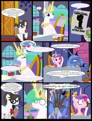 Size: 1042x1364 | Tagged: safe, artist:dendoctor, derpibooru import, princess cadance, princess celestia, princess luna, raven, alicorn, unicorn, comic:dusk shine in pursuit of happiness, breakfast, cake, cakelestia, chair, clipboard, coffee, cup, flower, food, glasses, grumpy, image, implied dusk shine, implied wedding, jpeg, magic, pancakes, raven inkwell, ravenbetes, s1 luna, smiling, spitting, surprised, telekinesis, vase, window