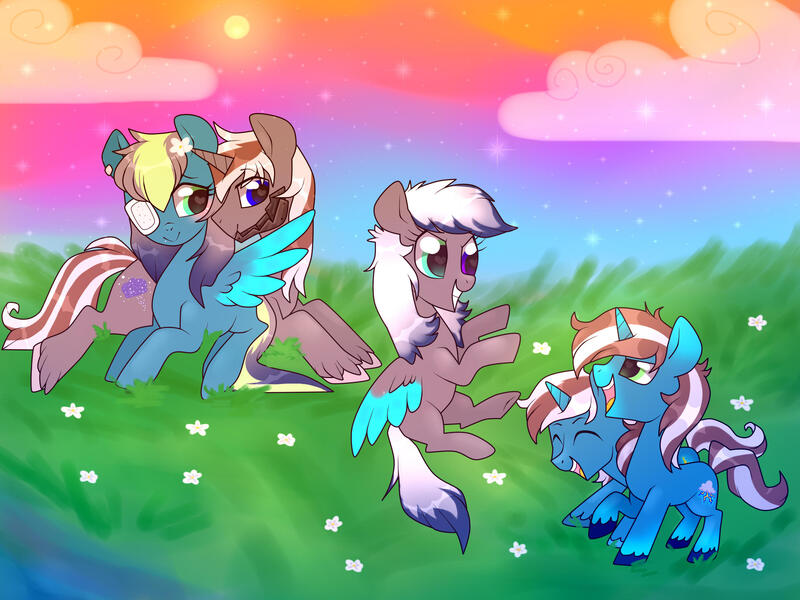 Size: 2592x1944 | Tagged: safe, artist:kaikururu, derpibooru import, oc, unofficial characters only, pegasus, pony, unicorn, colored wings, eyepatch, eyes closed, grass, grin, horn, image, jpeg, outdoors, pegasus oc, smiling, two toned wings, unicorn oc, unshorn fetlocks, wings