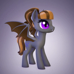 Size: 1000x1000 | Tagged: safe, artist:takibexfur, derpibooru import, oc, oc:mythic dawn, unofficial characters only, bat pony, pony, 3d, animated, bat pony oc, bat wings, commission, fangs, featureless crotch, female, gray background, hairband, image, mare, perfect loop, ponytail, simple background, solo, webm, wings, ych result