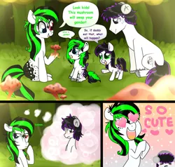 Size: 1362x1296 | Tagged: safe, artist:kaikururu, derpibooru import, oc, unofficial characters only, earth pony, pony, bust, colt, daydream, dialogue, earth pony oc, female, filly, foal, heart eyes, heterochromia, hoof hold, image, jpeg, male, mare, mushroom, outdoors, rule 63, smiling, stallion, thinking, thought bubble, wingding eyes