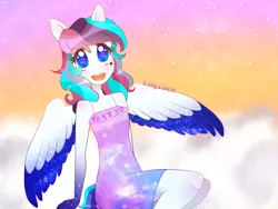 Size: 1400x1050 | Tagged: safe, artist:kaikururu, derpibooru import, oc, unofficial characters only, pegasus, clothes, cloud, colored wings, :d, dress, female, image, on a cloud, open mouth, open smile, outdoors, pegasus oc, png, signature, sitting, smiling, solo, stars, two toned wings, wings