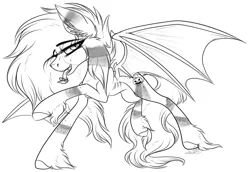 Size: 2793x1917 | Tagged: safe, artist:beamybutt, derpibooru import, oc, unofficial characters only, bat pony, pony, bat pony oc, bat wings, ear fluff, forked tongue, hoof fluff, image, lineart, male, monochrome, png, raised hoof, simple background, stallion, white background, wings