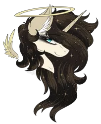 Size: 2413x2961 | Tagged: safe, artist:beamybutt, derpibooru import, oc, unofficial characters only, alicorn, pony, alicorn oc, bust, ear fluff, ethereal mane, female, floating wings, halo, horn, image, mare, png, simple background, smiling, solo, starry mane, transparent background, wings