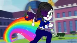 Size: 1280x720 | Tagged: safe, artist:teonnakatztkgs, derpibooru import, oc, unofficial characters only, equestria girls, equestria girls series, run to break free, spoiler:eqg series (season 2), :d, base used, building, female, hair over one eye, image, jpeg, open mouth, open smile, outdoors, running, smiling