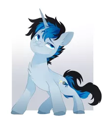 Size: 2454x2820 | Tagged: safe, artist:irusumau, derpibooru import, oc, oc:solar gizmo, unofficial characters only, pony, unicorn, blue eyes, chest fluff, eyebrows, high res, image, jpeg, male, simple background, smug, solo, stallion, tail, two toned mane, two toned tail, white background