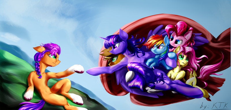 Size: 5980x2860 | Tagged: safe, artist:ktk's sky, derpibooru import, applejack, fluttershy, pinkie pie, rainbow dash, rarity, sunny starscout, twilight sparkle, twilight sparkle (alicorn), alicorn, earth pony, pegasus, pony, unicorn, spoiler:g5, female, fine art parody, g5, image, mane six, mare, png, sky, smiling, the creation of adam, wings