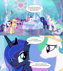 Size: 1280x1440 | Tagged: safe, derpibooru import, edit, edited screencap, screencap, applejack, fluttershy, pinkie pie, princess cadance, princess celestia, princess flurry heart, princess luna, rainbow dash, rarity, shining armor, twilight sparkle, twilight sparkle (alicorn), alicorn, earth pony, pegasus, pony, unicorn, season 6, the crystalling, applejack's hat, cowboy hat, crown, dialogue, ethereal mane, eye contact, eyelashes, eyes closed, female, flying, folded wings, frown, hat, hoof shoes, hooves, horn, image, implied guardlestia, implied guardluna, implied sex, jewelry, looking at each other, looking at someone, male, mane six, mare, multicolored mane, multicolored tail, open mouth, peytral, png, purple eyes, raised hoof, regalia, royal sisters, shadow, siblings, sisters, smiling, speech bubble, spread wings, stallion, standing, tail, teal eyes, thought bubble, wall of tags, wings
