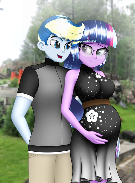 Size: 1400x1900 | Tagged: safe, artist:aryatheeditor, derpibooru import, sci-twi, twilight sparkle, oc, oc:velodash, equestria girls, bare shoulders, beautiful, bedroom eyes, bust, canon x oc, clothes, couple, cute, digital art, dress, element of magic, female, geode of telekinesis, glasses, gloves, headcanon, image, magical geodes, male, offspring, outfit, parent:oc:velodash, parent:sci-twi, parents:canon x oc, png, powerful sparkle, pregnant, pregnant equestria girls, purple hair, real life background, shipping, sleeveless, sleeveless dress, sleeveless turtleneck, smiling, straight, twiabetes