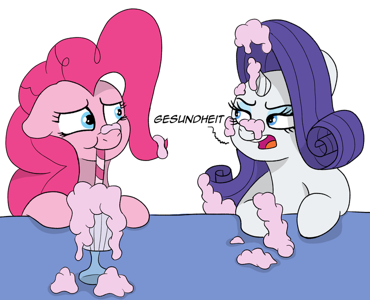 Size: 1918x1554 | Tagged: safe, artist:pony-thunder, derpibooru import, pinkie pie, rarity, earth pony, pony, unicorn, blue eyes, comic, dialogue, duo, duo female, eye contact, female, floppy ears, german, hooves, horn, image, looking at each other, looking at someone, mare, milkshake, open mouth, pink mane, png, simple background, white background