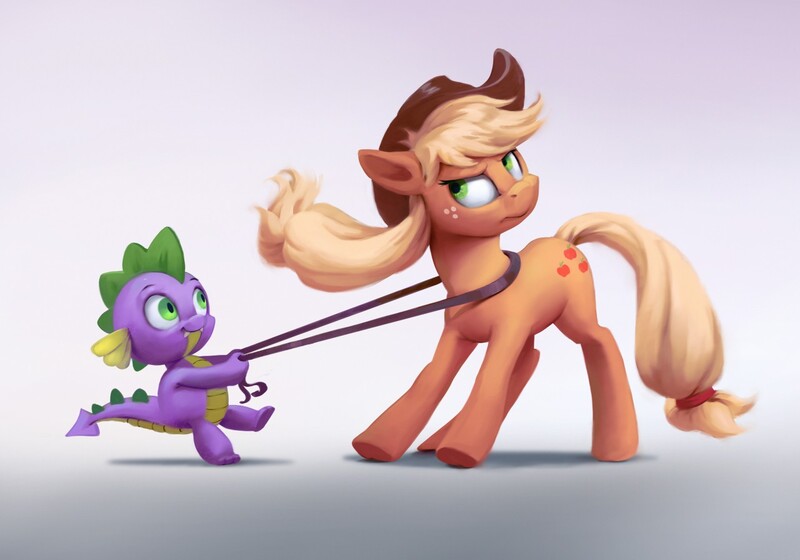 Size: 1280x896 | Tagged: safe, artist:jotun22, applejack, spike, dragon, earth pony, pony, annoyed, applejack's hat, cowboy hat, female, hat, image, jpeg, leash, male, mare