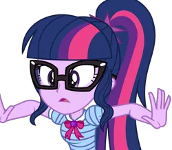 Size: 3641x3178 | Tagged: safe, artist:sketchmcreations, derpibooru import, sci-twi, twilight sparkle, equestria girls, equestria girls series, holidays unwrapped, spoiler:eqg series (season 2), bowtie, confused, female, frown, geode of telekinesis, glasses, image, magical geodes, open mouth, png, simple background, the cider louse fools, transparent background, vector