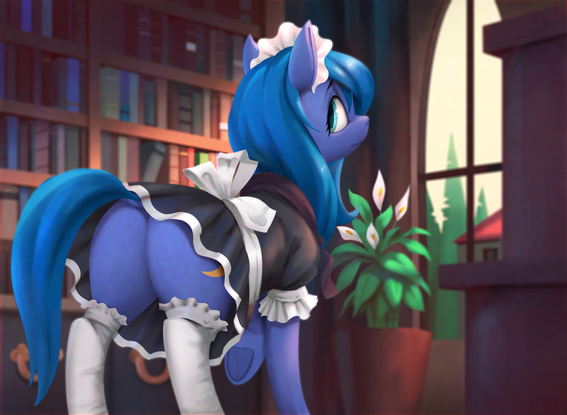 Size: 1920x1406 | Tagged: suggestive, alternate version, artist:jotun22, pony, clothes, commission, featureless crotch, female, headdress, image, jpeg, maid, maid headdress, mare, solo, underhoof, ych result