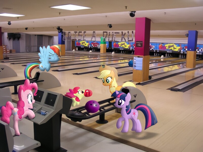 Size: 1332x998 | Tagged: safe, artist:willyvwj, derpibooru import, apple bloom, applejack, pinkie pie, rainbow dash, twilight sparkle, earth pony, pegasus, pony, unicorn, bowling alley, bowling ball, facehoof, female, filly, foal, image, irl, jpeg, mare, photo, ponies in real life, unicorn twilight