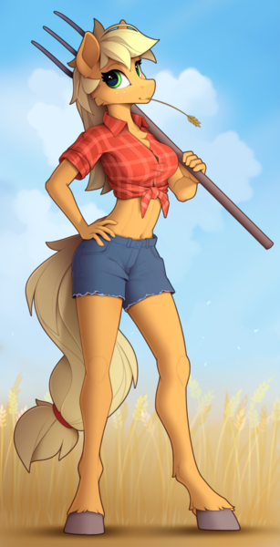 Size: 1220x2387 | Tagged: safe, artist:yakovlev-vad, derpibooru import, applejack, anthro, earth pony, unguligrade anthro, belly button, breasts, busty applejack, clothes, female, front knot midriff, image, looking at you, midriff, pitchfork, png, shorts, solo, straw in mouth