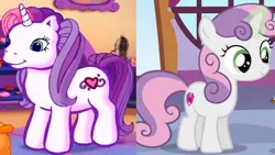 Size: 1280x720 | Tagged: safe, artist:megalobronia, derpibooru import, screencap, sweetie belle, sweetie belle (g3), meet the ponies, on your marks, comparison, cropped, g3, g3 to g4, g4, generation leap, image, jpeg, sweetie belle's new cake party