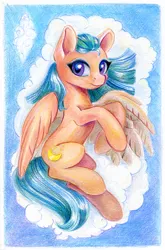 Size: 792x1200 | Tagged: safe, artist:maytee, derpibooru import, somnambula, pegasus, pony, cloud, female, image, jpeg, looking at you, lying down, mare, missing accessory, on a cloud, on back, smiling, smiling at you, solo, spread wings, traditional art, wings