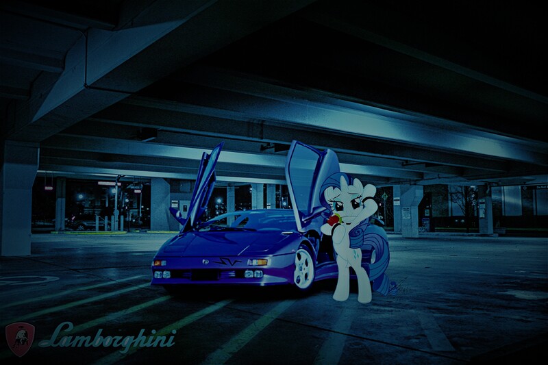 Size: 9797x6531 | Tagged: safe, artist:bluse, derpibooru import, edit, rarity, pony, unicorn, absurd resolution, bipedal, car, derpibooru exclusive, female, flower, image, jpeg, lamborghini, lamborghini diablo, looking at you, mare, mouth hold, rose, sexy, smiling, smiling at you, solo