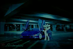 Size: 9797x6531 | Tagged: safe, artist:bluse, derpibooru import, edit, rarity, pony, unicorn, absurd resolution, bipedal, car, derpibooru exclusive, female, flower, image, jpeg, lamborghini, lamborghini diablo, looking at you, mare, mouth hold, rose, sexy, smiling, smiling at you, solo