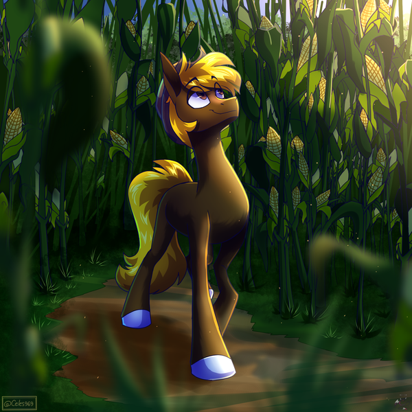 Size: 2500x2500 | Tagged: safe, artist:celes-969, derpibooru import, oc, oc:acres, unofficial characters only, earth pony, pony, corn, food, image, png, solo