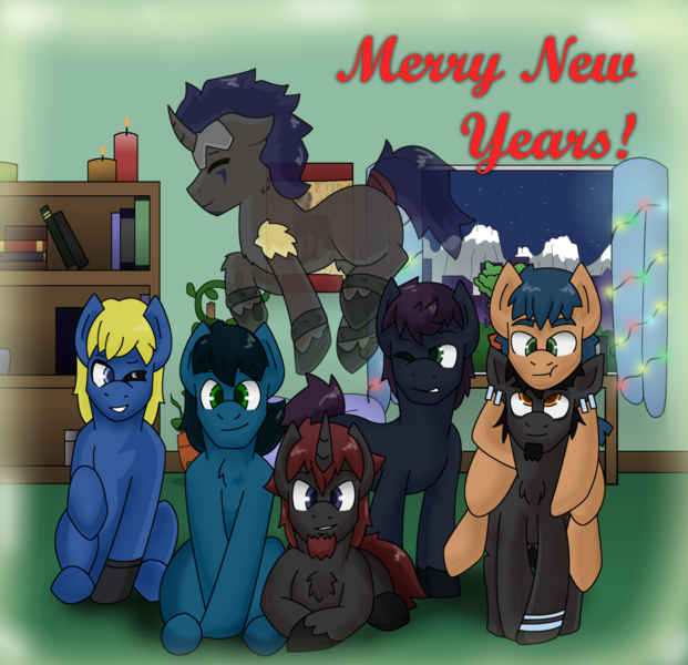 Size: 1280x1237 | Tagged: safe, artist:brushwork, derpibooru import, oc, oc:aerocuff, oc:bowline, oc:brushwork, oc:cloudcover, oc:ferrite, oc:rowlock, oc:tenere, unofficial characters only, earth pony, pegasus, pony, unicorn, group photo, holiday special, image, photo, png