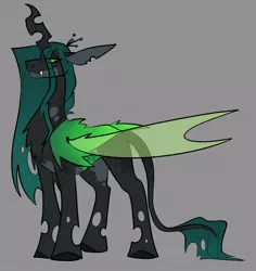 Size: 1018x1078 | Tagged: safe, artist:rockin_candies, derpibooru import, queen chrysalis, changeling, changeling queen, chest fluff, crown, eye clipping through hair, fangs, female, gray background, hair over one eye, horn, image, insect wings, jewelry, jpeg, leonine tail, regalia, simple background, smiling, smug, solo, solo female, tail, wings
