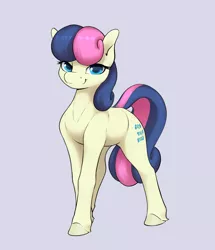 Size: 2808x3266 | Tagged: safe, artist:aquaticvibes, derpibooru import, bon bon, sweetie drops, earth pony, pony, blue eyes, eyelashes, female, full body, gray background, high res, hooves, image, mare, png, simple background, smiling, solo, standing, tail, three quarter view, two toned mane, two toned tail