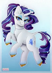 Size: 1920x2716 | Tagged: safe, artist:sk-ree, derpibooru import, rarity, pony, unicorn, cloven hooves, curved horn, eyeshadow, gradient background, gradient horn, horn, image, jpeg, makeup, pearl, redesign, solo