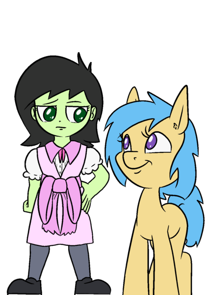 Size: 1000x1414 | Tagged: safe, artist:happy harvey, derpibooru import, oc, oc:anonfilly, oc:little league, unofficial characters only, earth pony, human, pony, equestria girls, bow, clothes, colored pupils, drawn on phone, dress, ear fluff, female, filly, foal, humanized, image, looking at each other, looking at someone, looking down, looking sideways, looking up, pink dress, png, shoes, simple background, smiling, socks, stockings, thigh highs, transparent background, unamused